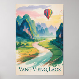 Vang Vieng Laos Vintage Vattenfärg Målarverk Poster