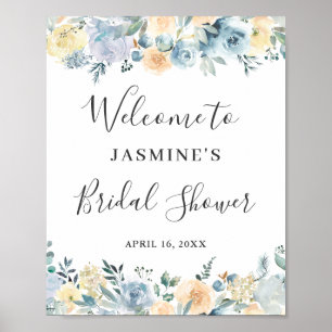 Vanilj Blå Blommig Bröllopsduschskylt Poster