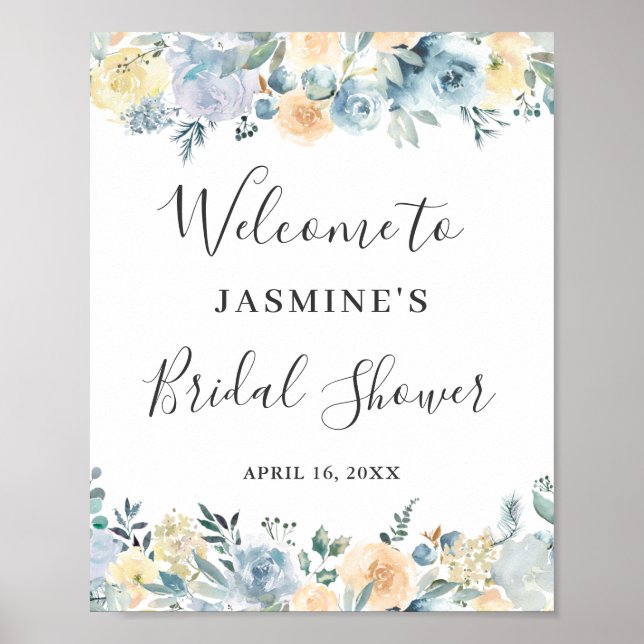 Vanilj Blå Blommig Bröllopsduschskylt Poster (Framsidan)