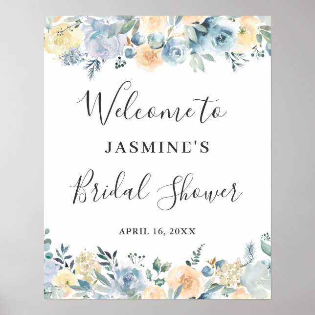 Vanilj Blå Blommig Bröllopsduschskylt Poster (Framsidan)