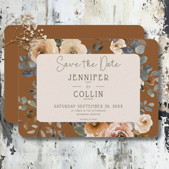 Vanilj Vita Boho Rosor Rost Bröllop Spara Datumet (Vanilla White Boho Roses Rust Wedding Save The Date)
