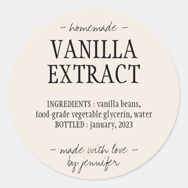 Vaniljextraktflaska Hantverksdryck Kräm elfenben Runt Klistermärke (Framsida)
