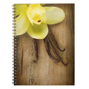 Vaniljpoder och blomma över träbakgrund anteckningsbok med spiral