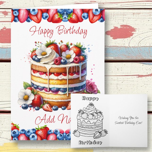 Vanilla Birthday Cake och Berries | Färgsida Kort (Skapare uppladdad)
