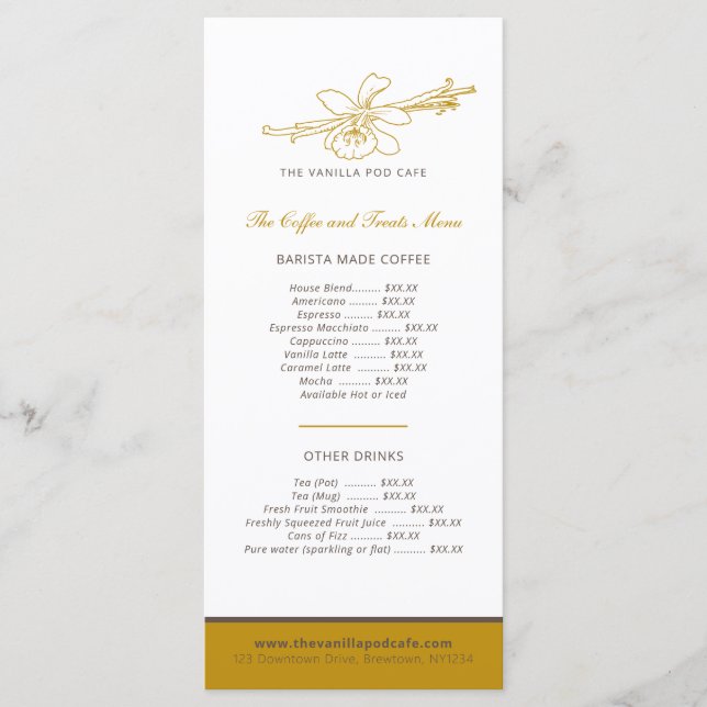 Vanilla pod blomkafémeny (kaffe och kaka) meny (Framsida)