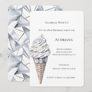 Vanilla Silver Confetti Ice Cream Cone Birthday Inbjudningar