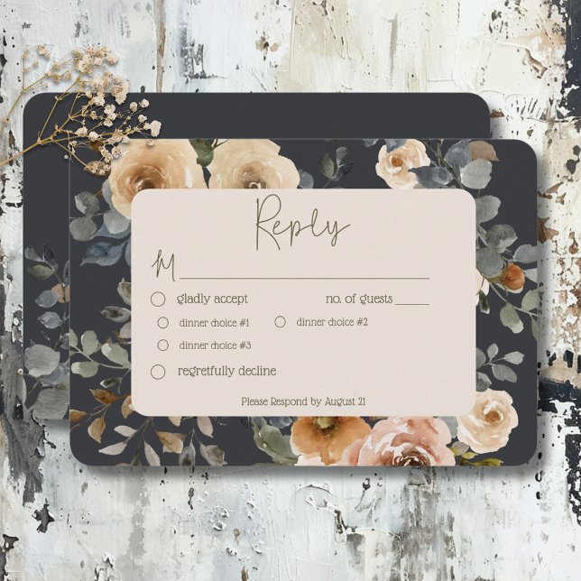 Vanilla White Boho Ro Blue Bröllop Middag OSA Kort (Vanilla White Boho Roses Blue Wedding Dinner RSVP Card)