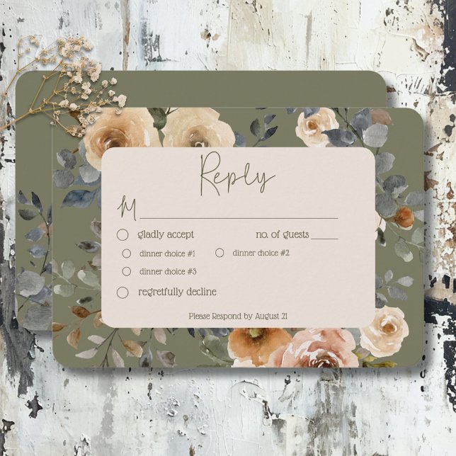 Vanilla White Boho Ro Sage Bröllop Middag OSA Kort (Vanilla White Boho Roses Sage Wedding Dinner RSVP Card)