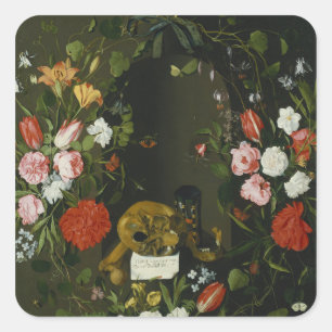 Vanitas stilleben med blommor fyrkantigt klistermärke
