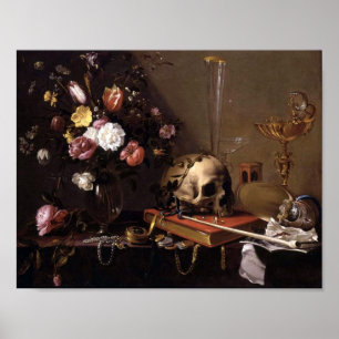 Vanitas stilleben med buketten och skallen Adriaen Poster