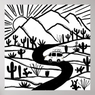 VANLIFE Desert Cacti Mountain Explore Äventyr Poster