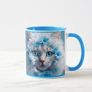 Vanlig blå mugg med vacker vit katt