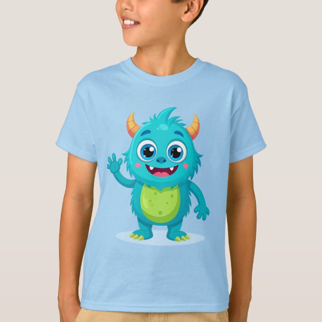 Vänlig Blå Odjure Barn T-Shirt - Söt Tecknad Film (Framsida)