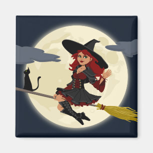 Vänlig halloween häxa på kvasten och svartkatt magnet