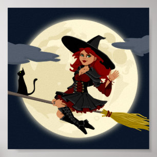 Vänlig halloween häxa på kvasten och svartkatt poster