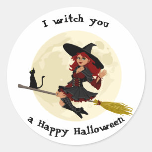 Vänlig halloween häxa på kvasten och svartkatt runt klistermärke