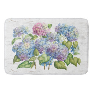Vanlig hortensia blommar med trä badrumsmatta