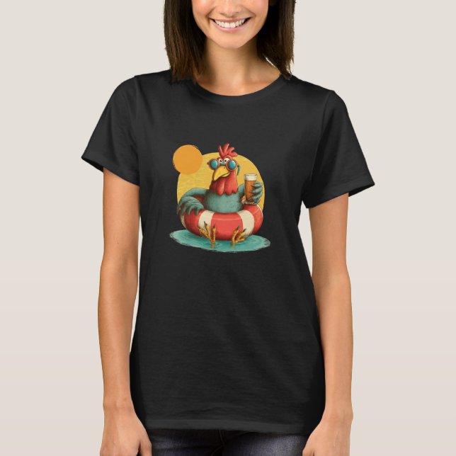 Vänlig kyckling med poolring och öl t shirt (Framsida)
