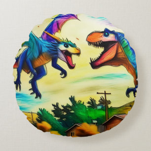 Vänlig möte - Drakar och dinosaurier Rund Kudde