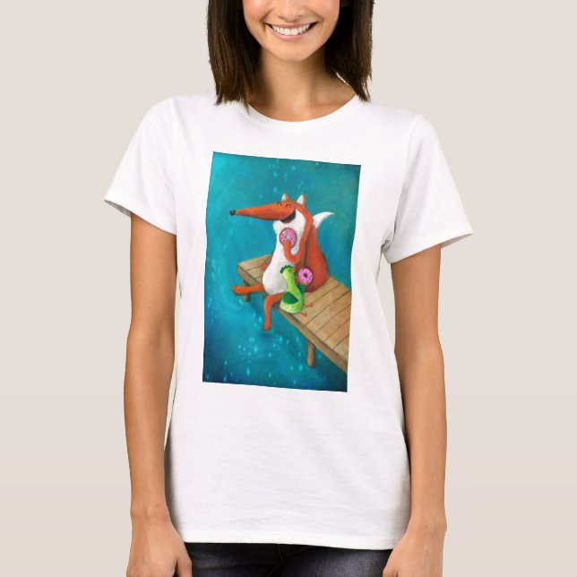 Vänlig räv och höna som äter donuts t-shirt (Framsida)