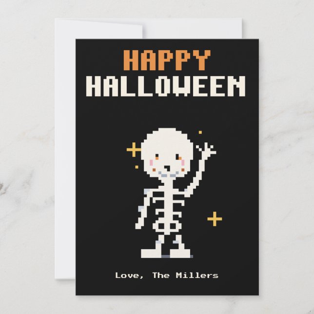 Vänlig skelett Pixel Art Halloween-kort Julkort (Framsida)