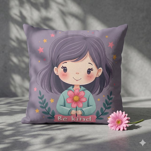 Vänlig Söt Flicka med Blomma Positiv Konst Grå Kudde (Be Kind Cute Girl with Flower Positive Art Gray Throw Pillow Mockup B)