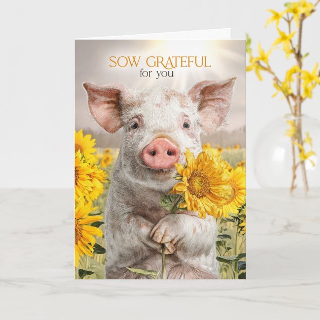 Vänlig söt gris med solrosor Sår Tacksam Kort (Gul blomma)