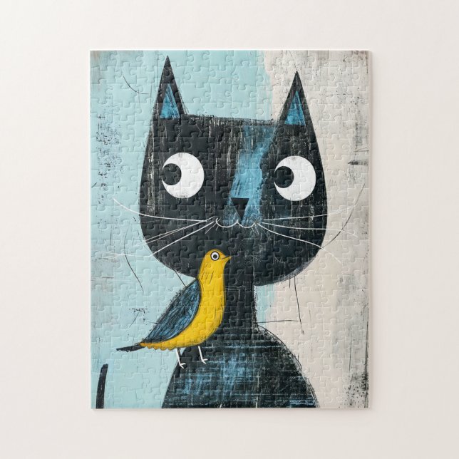 Vänlig Svart Katt med Gul Fågel Komisk Pussel (Vertikal)