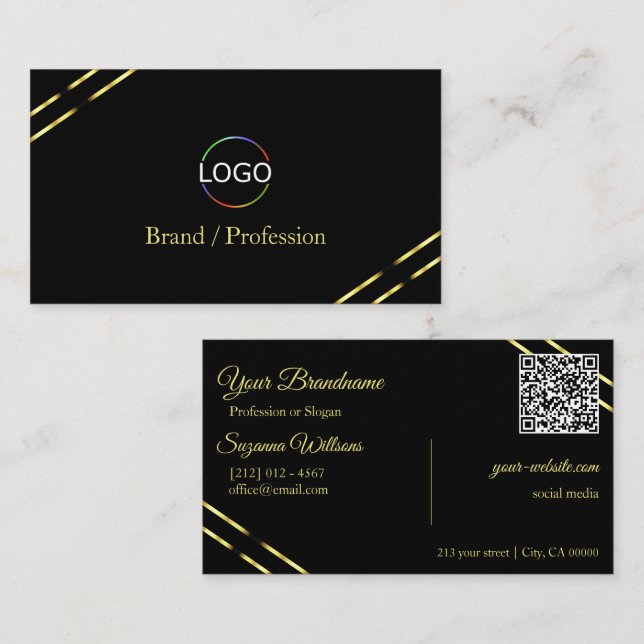 Vanlig svart med logotyp och QR-kod i guldlinjer Visitkort (Fram/baksida)