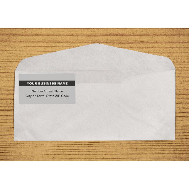 Vanlig text med markerad grå fraktetikett fraktsedel (Plain text gray shipping label with your highlighted business name on envelope)