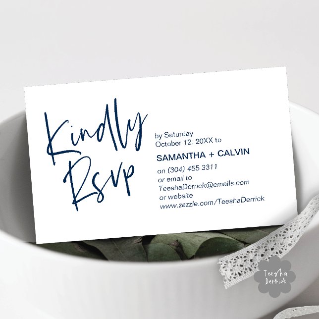 Vänligen RSVP Modern Minimalistisk Bröllopsinbjuda Tilläggskort (Kindly RSVP Modern Minimalist Wedding Dinner Invites Reminder Enclosed Card Phone Email Navy Blue)