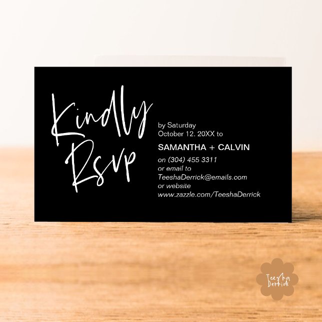 Vänligen RSVP Modern Minimalistisk Bröllopsinbjuda Tilläggskort (Kindly RSVP Modern Minimalist Wedding Dinner Invites Reminder Enclosed Card Phone Email Classy Black)