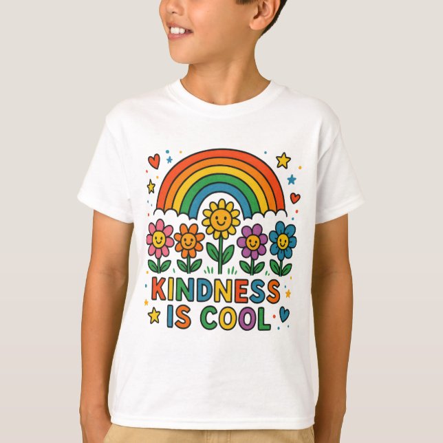 Vänlighet Är Coolt – Regnbåge och Blommor Positivt T Shirt (Framsida)