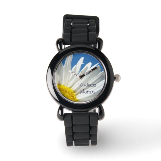 Vänlighet är viktigt Ur White Daisy Flower Blue Armbandsur (Framsida)