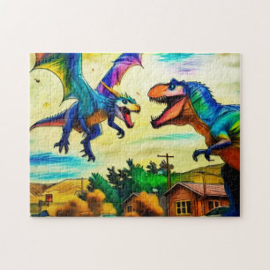 Vänligt möte - Drake och dinosaurie Pussel