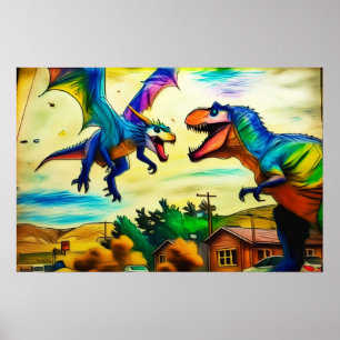 Vänligt möte - Drakon och Dinosaurie Poster