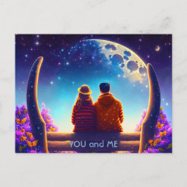 Vänner eller älskare på en bänk i månljuset vykort