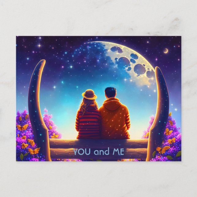 Vänner eller älskare på en bänk i månljuset vykort (Framsida)