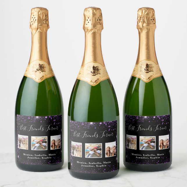 Vänner för alltid foto svart lila glitter (Flaskor)