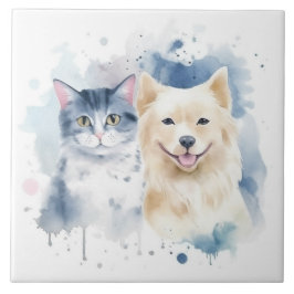 Vänner för alltid - Hund och Kat Watercolor Art Kakelplatta