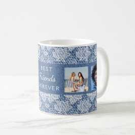 Vänner för evigt fotokollage blue denim snöre kaffemugg