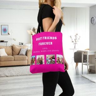 Vänner för evigt shock rosa fotocollage namn tygkasse