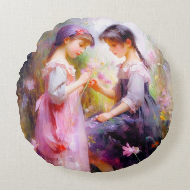 Vänner och blommor rund kudde (Framsidan)