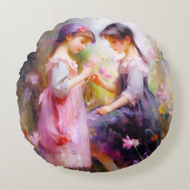 Vänner och blommor  rund kudde (Framsidan)