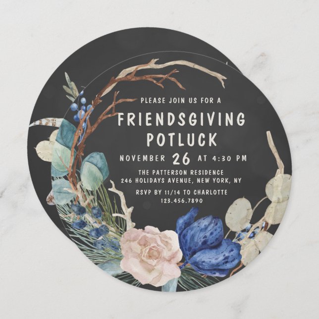 Vänner Tacksägelse Potluck Middag Akvarell Blommig Inbjudningar (Fram/baksida)
