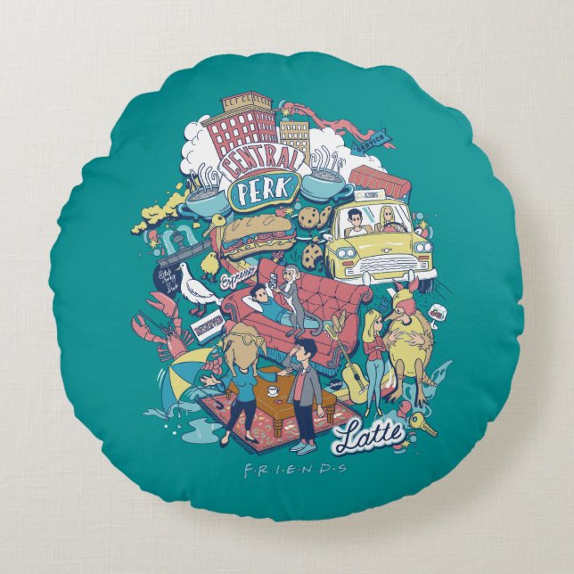 VÄNNER™ | Tecknad Collage Rund Kudde (Framsidan)