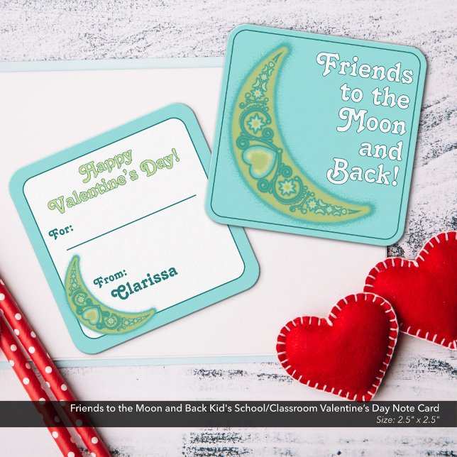 Vänner till Barn-skolans Alla hjärtans dag i Måne Anteckningskort (Friends to the Moon and Back Kid's School/Classroom Valentine's Day Card)