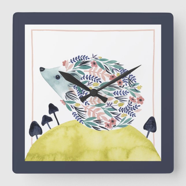 Vänner till Clementine| FolkArt Hedge Hog Fyrkantig Klocka (Framsida)