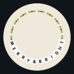 Vänskap Bracelet Merry och Bright jul Runt Klistermärke<br><div class="desc">Illustration av ett böjt armband med vänskap,  grönt och vitt pärlor med "MERRY & BRIGHT"</div>