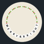 Vänskap Bracelet Merry och Bright jul Runt Klistermärke<br><div class="desc">Illustration av ett böjt armband med vänskap,  grönt och vitt pärlor med "MERRY & BRIGHT"</div>